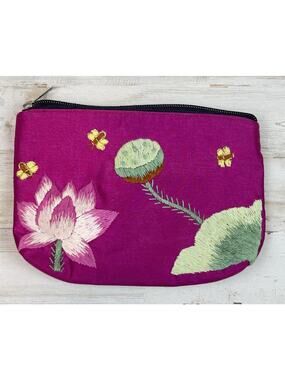 Vintage Embroidered Floral Silk Cosmetic Bag Pink Lotus Zipper Pouch Asian Boho